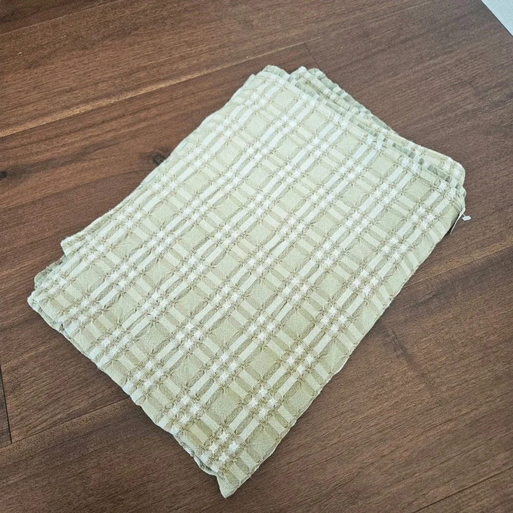 Vintage Plaid Tablecloth Sage Green Tan Woven Farmhouse 48x66 Rectangle